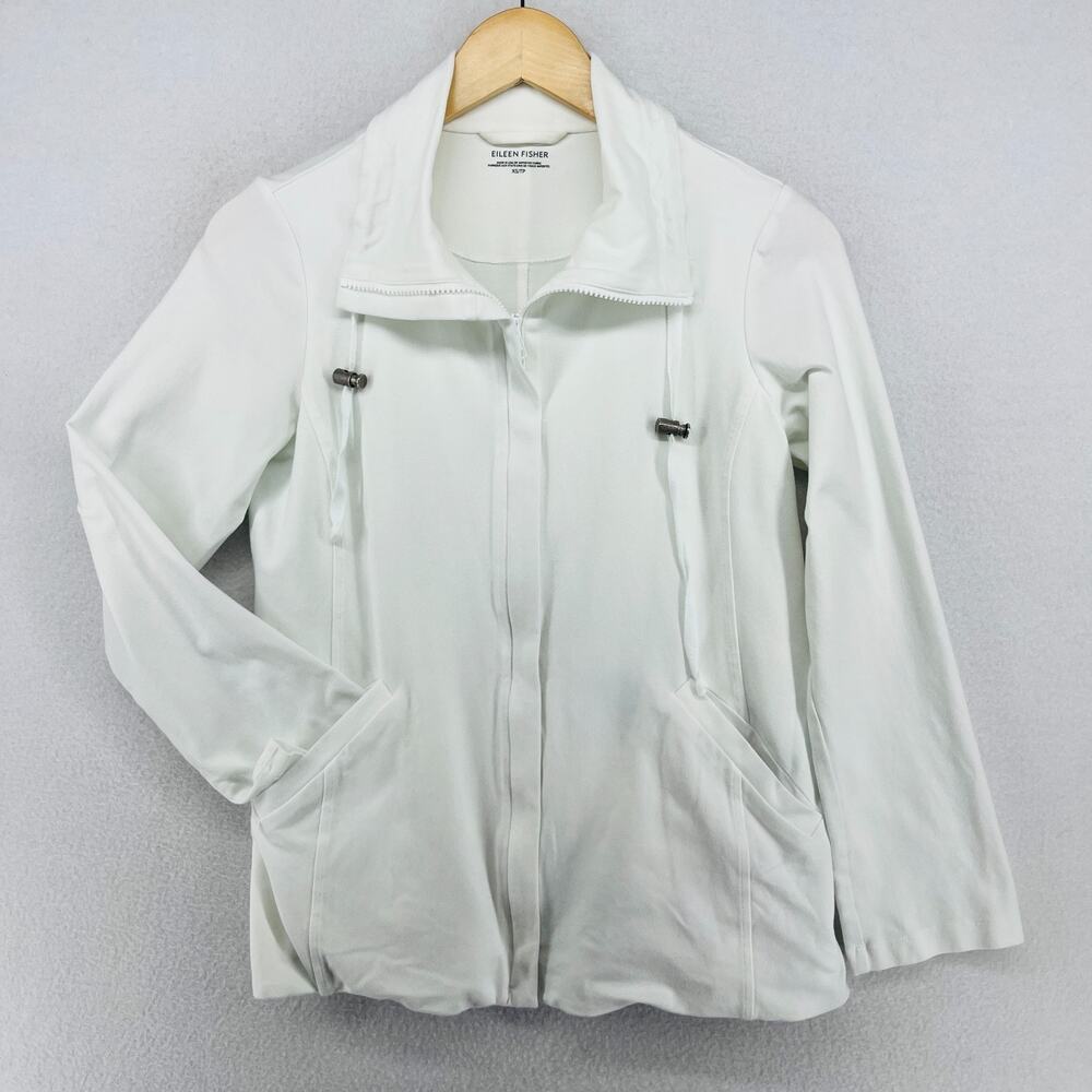 EILEEN FISHER Jacket XS Organic Cotton Stretch Jersey Sweatshirt Full Zip White